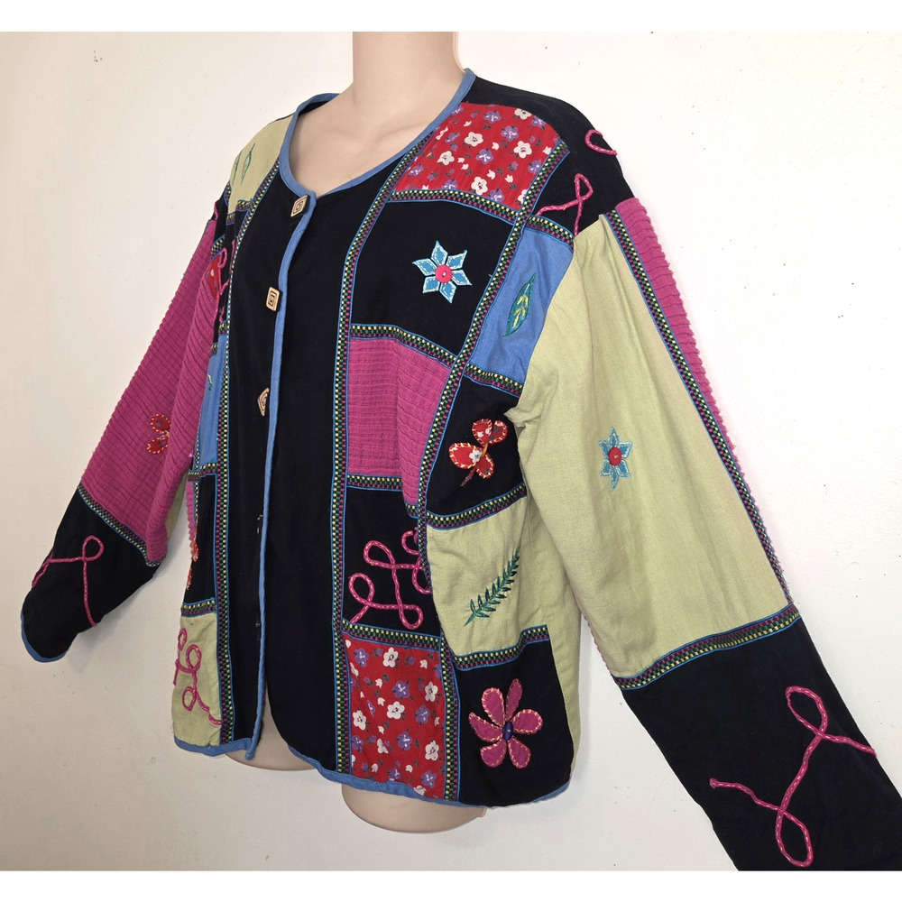 Sara Studio Plus Patchwork Jacket Top 1X Linen Blend Boho Festival Lined Artsy - Picture 2 of 16